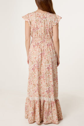 Floral Print Shirred Waist Maxi Dress