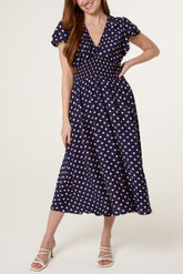 Polka Dot V-Neck Shirred Dress