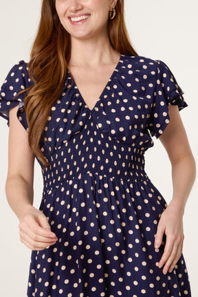 Polka Dot V-Neck Shirred Dress