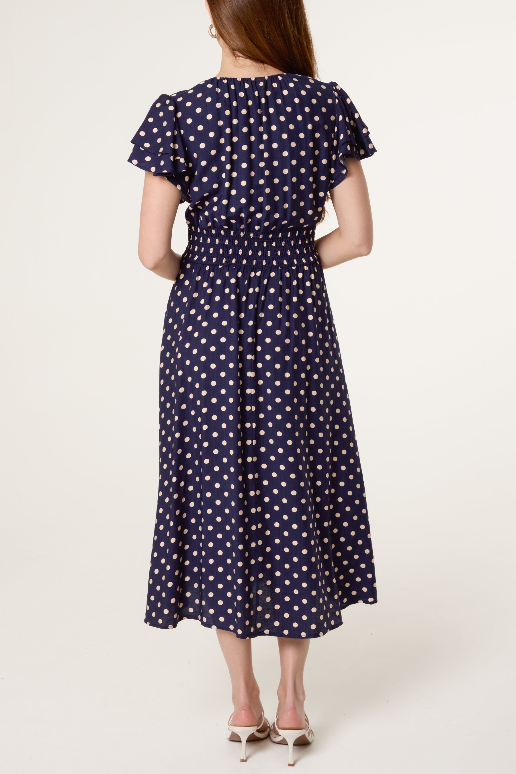 Polka Dot V-Neck Shirred Dress