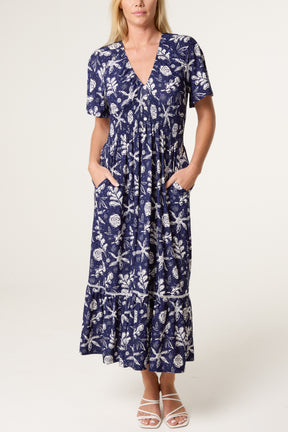 Sketched Flowers Stretch Crepe Button Dress