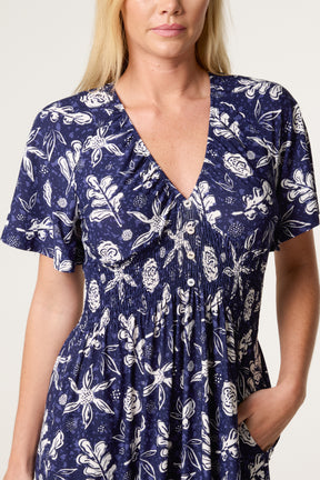 Sketched Flowers Stretch Crepe Button Dress