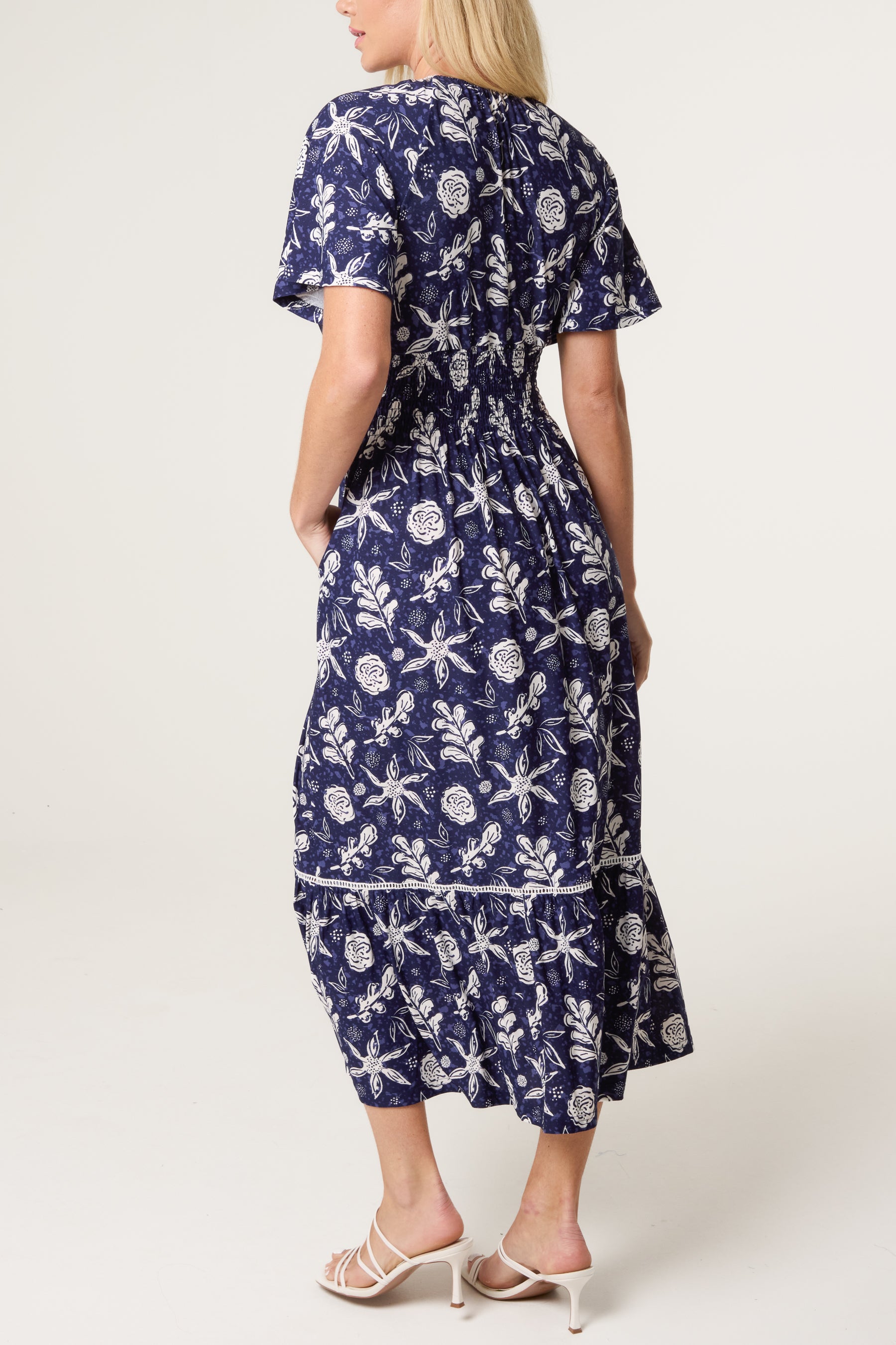 Sketched Flowers Stretch Crepe Button Dress