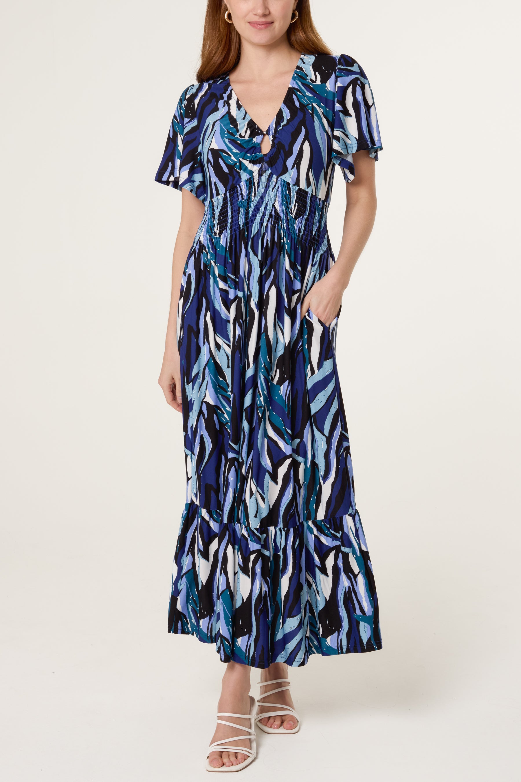 Ring Detail Stretch Crepe Abstract Dress