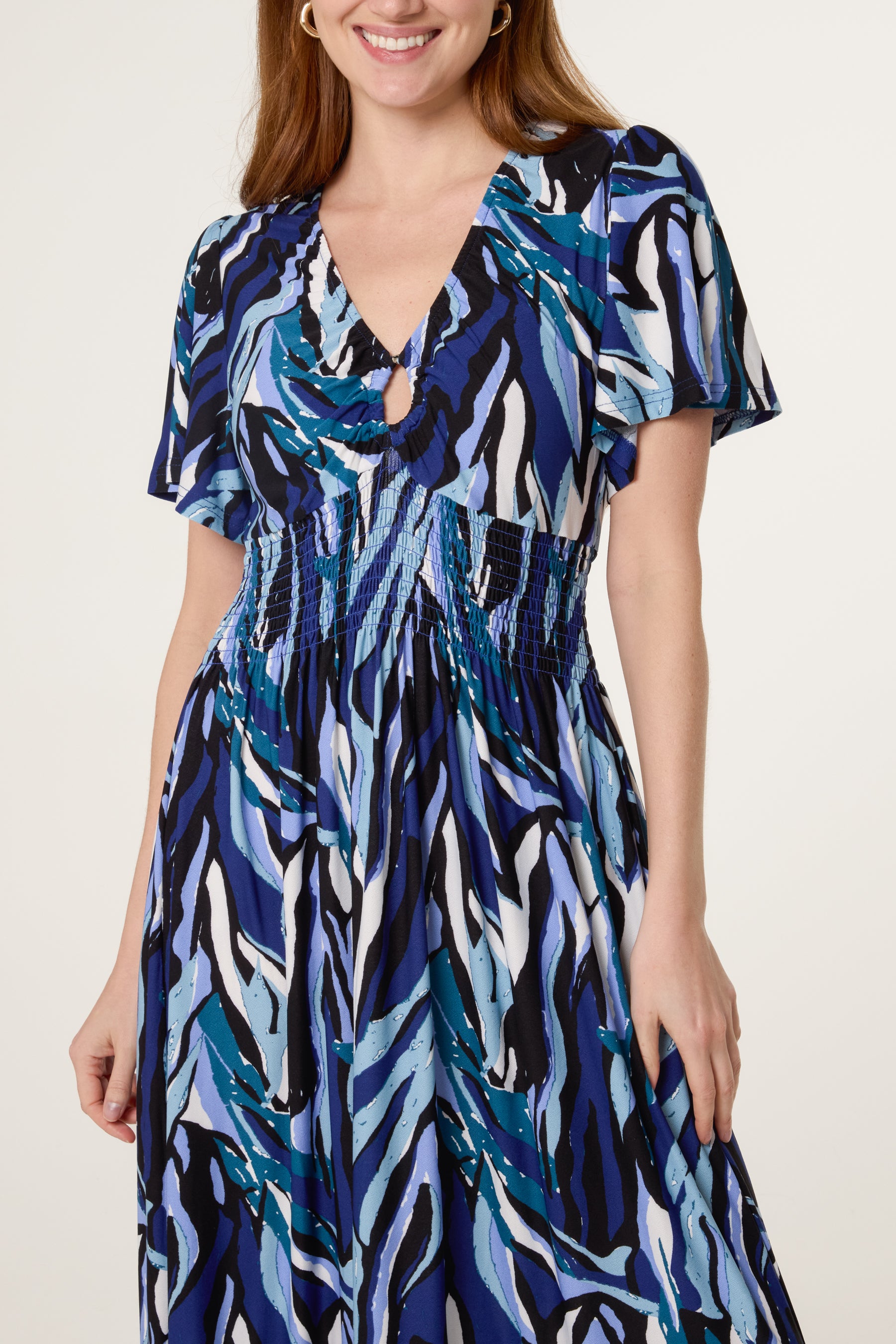 Ring Detail Stretch Crepe Abstract Dress