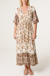 Baroque Border Print Shirred V Dress