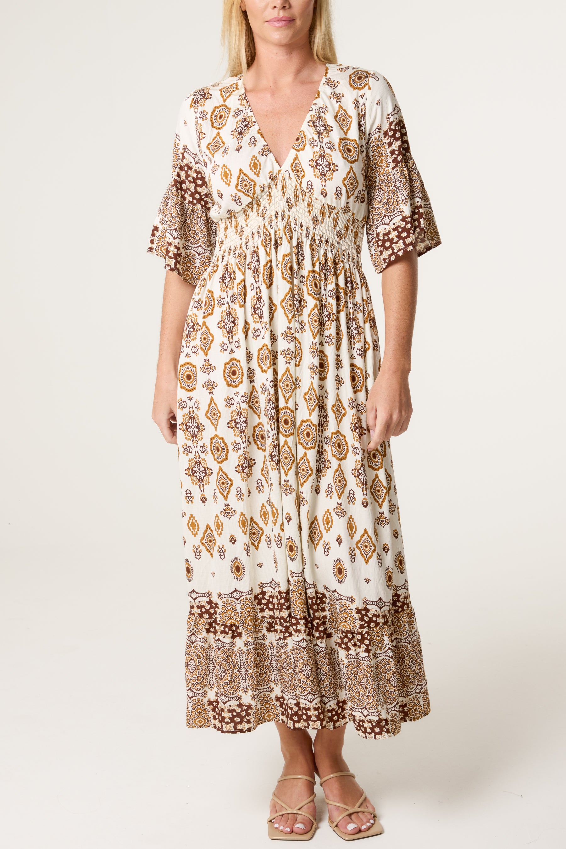 Baroque Border Print Shirred V Dress