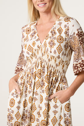 Baroque Border Print Shirred V Dress