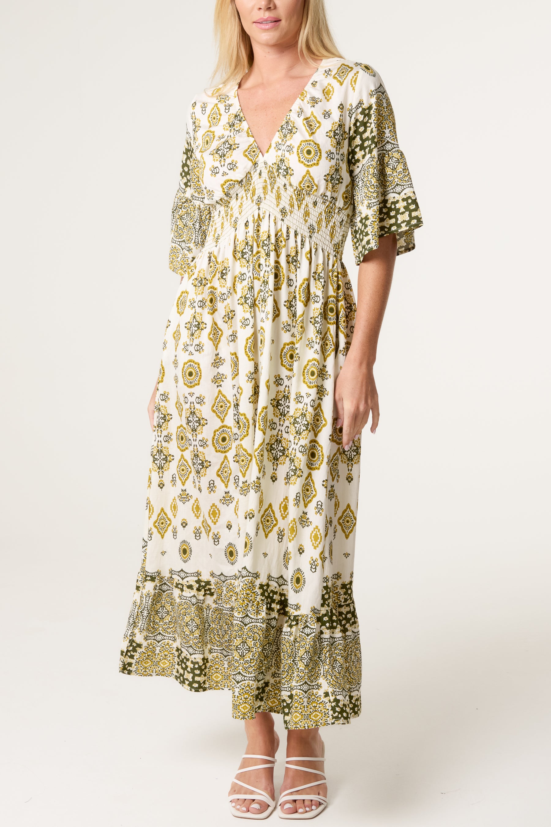 Baroque Border Print Shirred V Dress