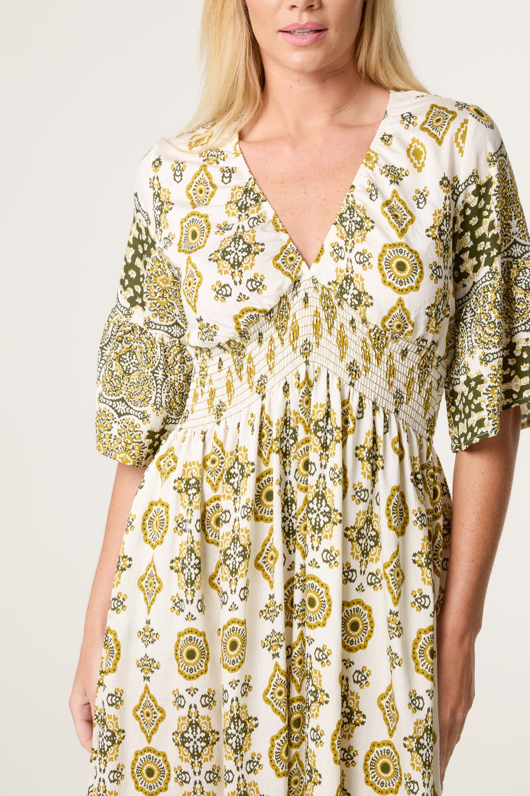 Baroque Border Print Shirred V Dress