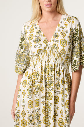 Baroque Border Print Shirred V Dress