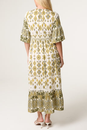 Baroque Border Print Shirred V Dress
