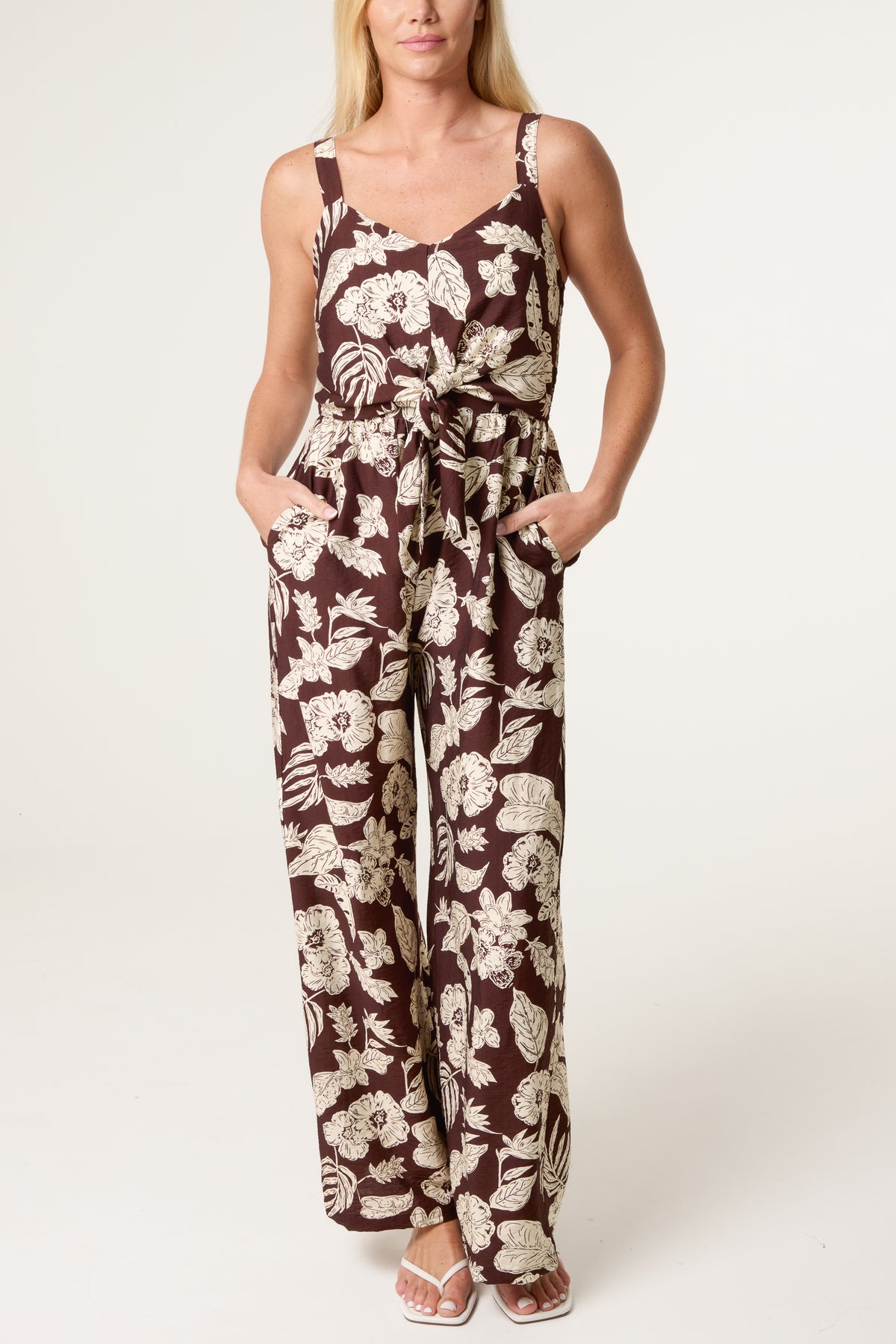 Floral Print Tie Front Jumpsuit