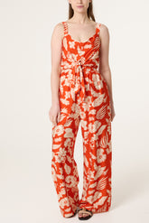 Floral Print Tie Front Jumpsuit