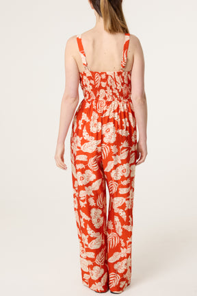 Floral Print Tie Front Jumpsuit