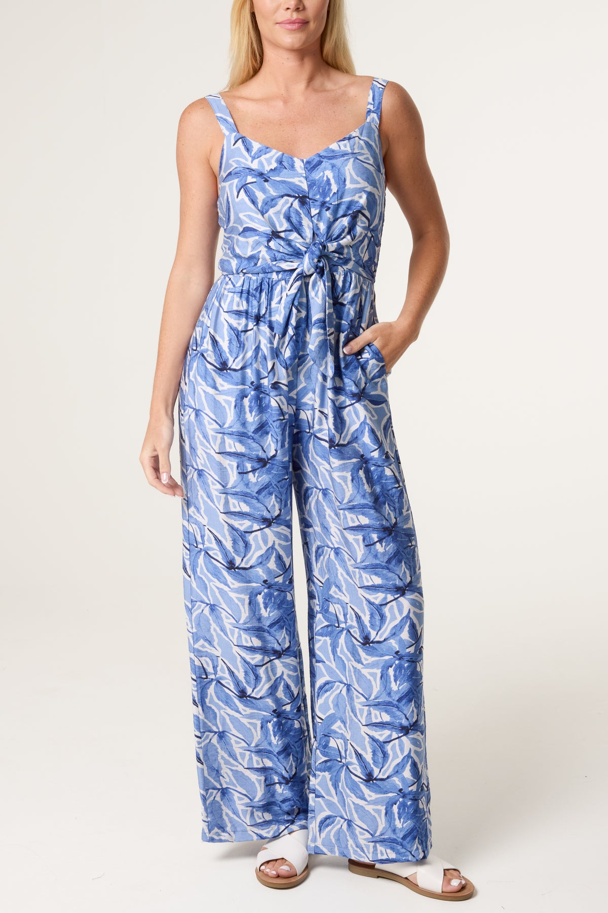 Watercolour Leaves Belted Wide Jumpsuit