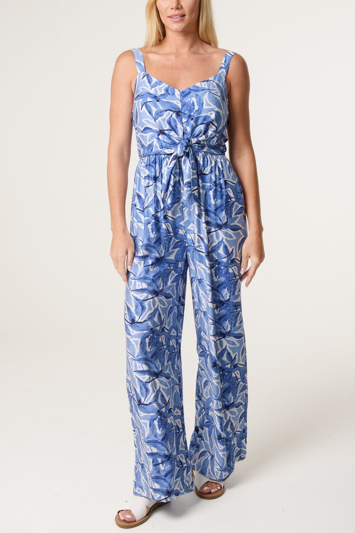 Watercolour Leaves Belted Wide Jumpsuit