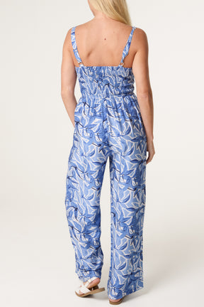 Watercolour Leaves Belted Wide Jumpsuit