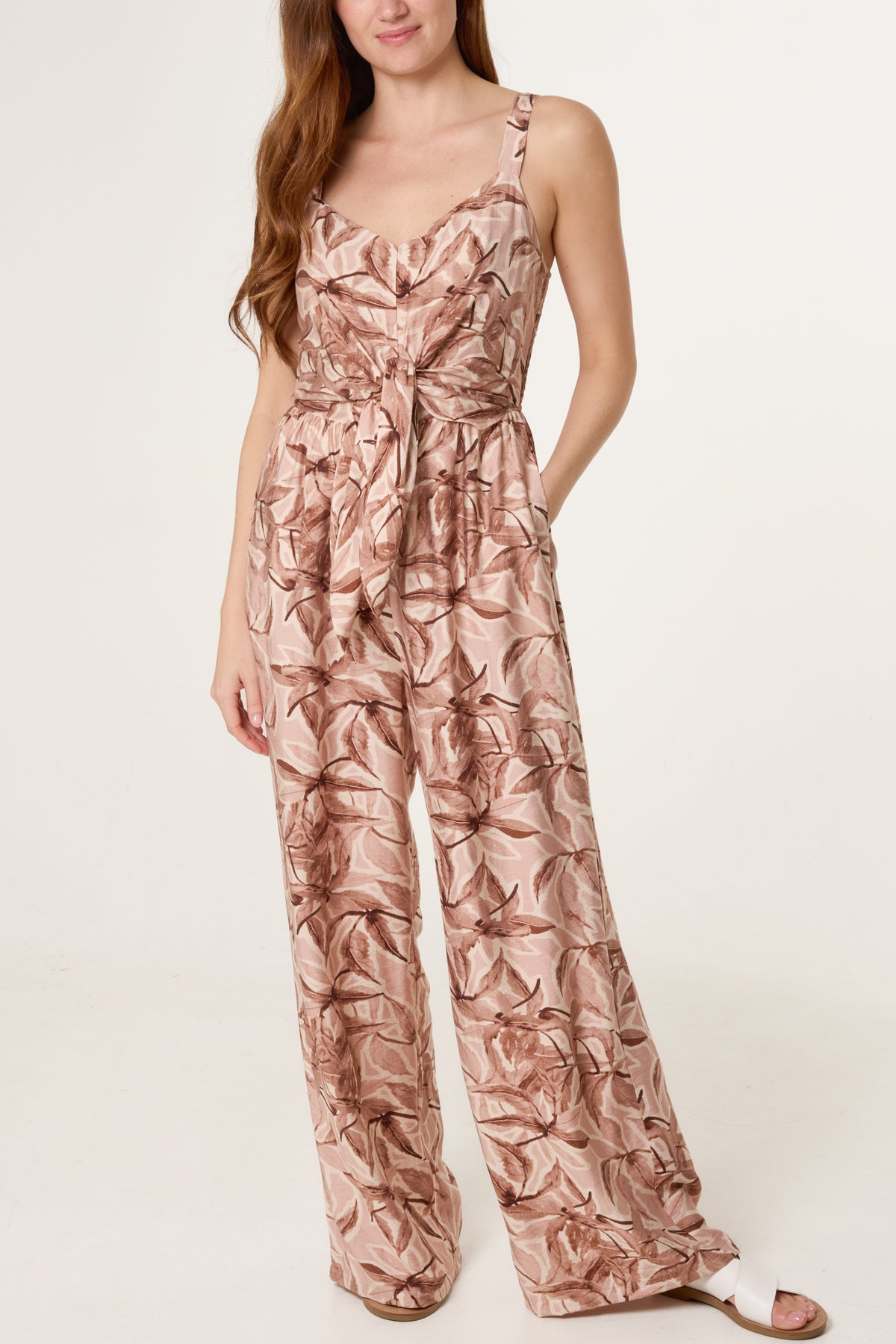 Watercolour Leaves Belted Wide Jumpsuit