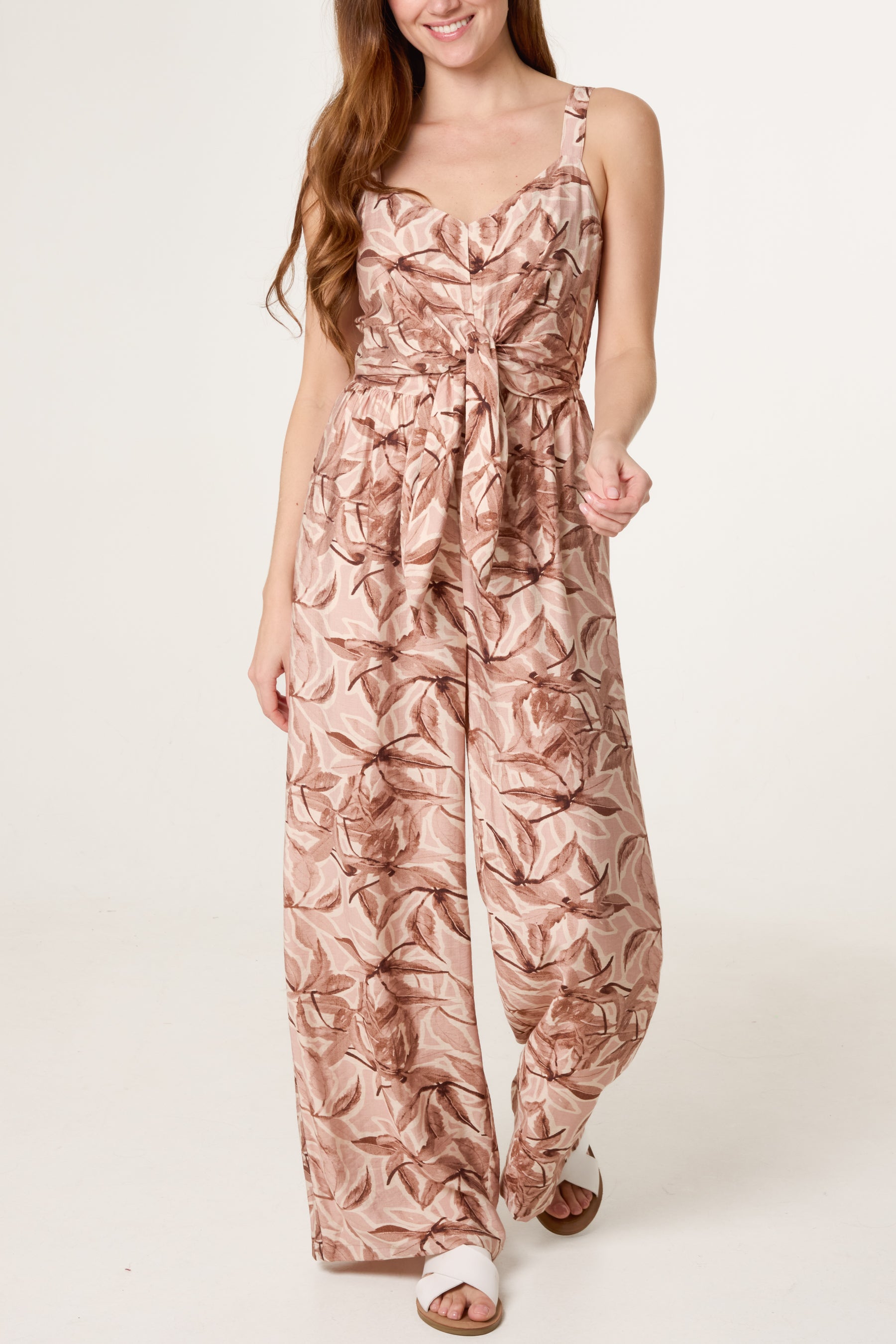 Watercolour Leaves Belted Wide Jumpsuit