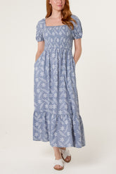 Embroidery Puff Sleeve Smock Dress