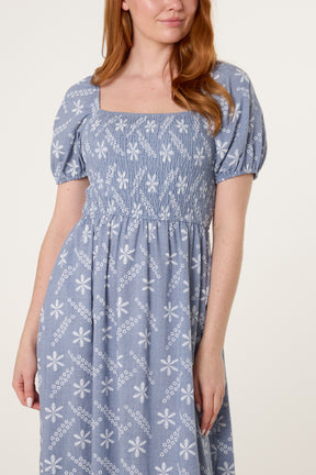 Embroidery Puff Sleeve Smock Dress