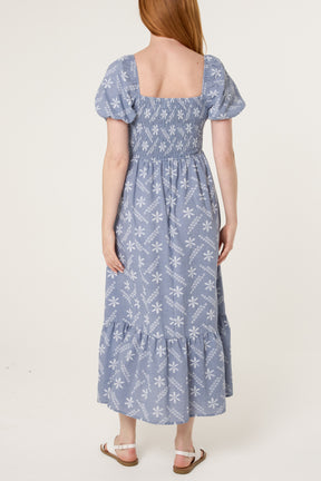 Embroidery Puff Sleeve Smock Dress