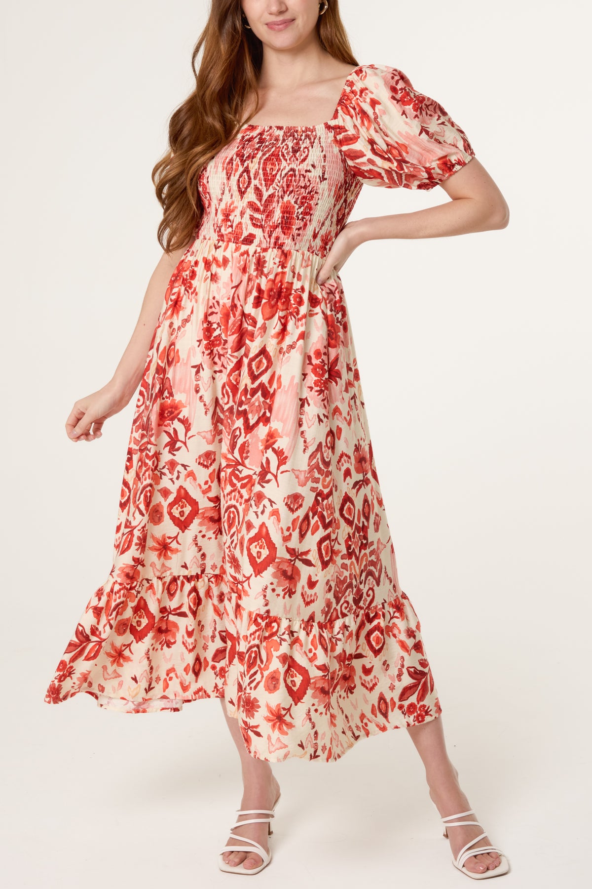 Abstract Floral Shirred Puff Sleeve Dress
