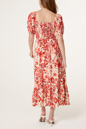 Abstract Floral Shirred Puff Sleeve Dress