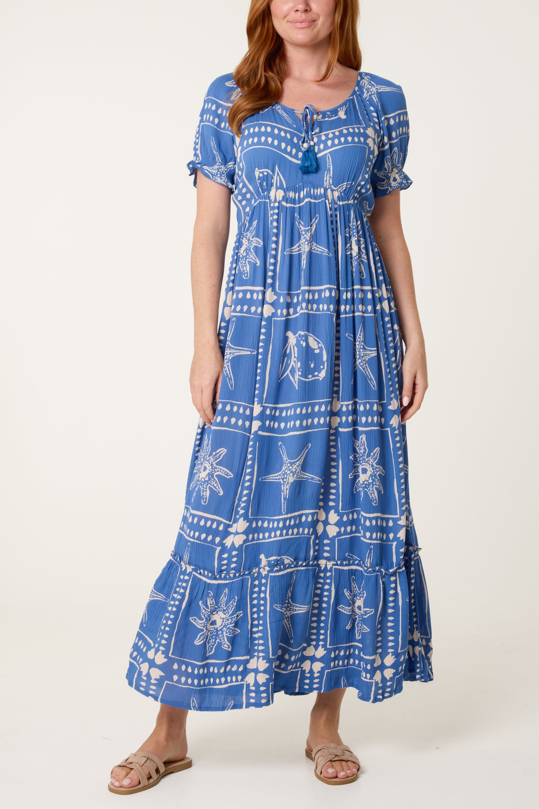 Starfish Print Tie Front Maxi Dress