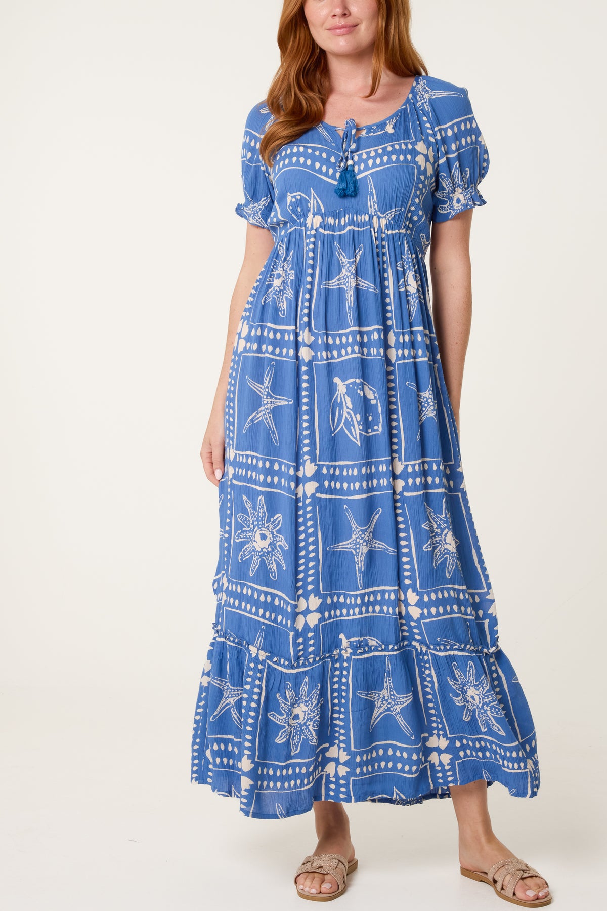 Starfish Print Tie Front Maxi Dress