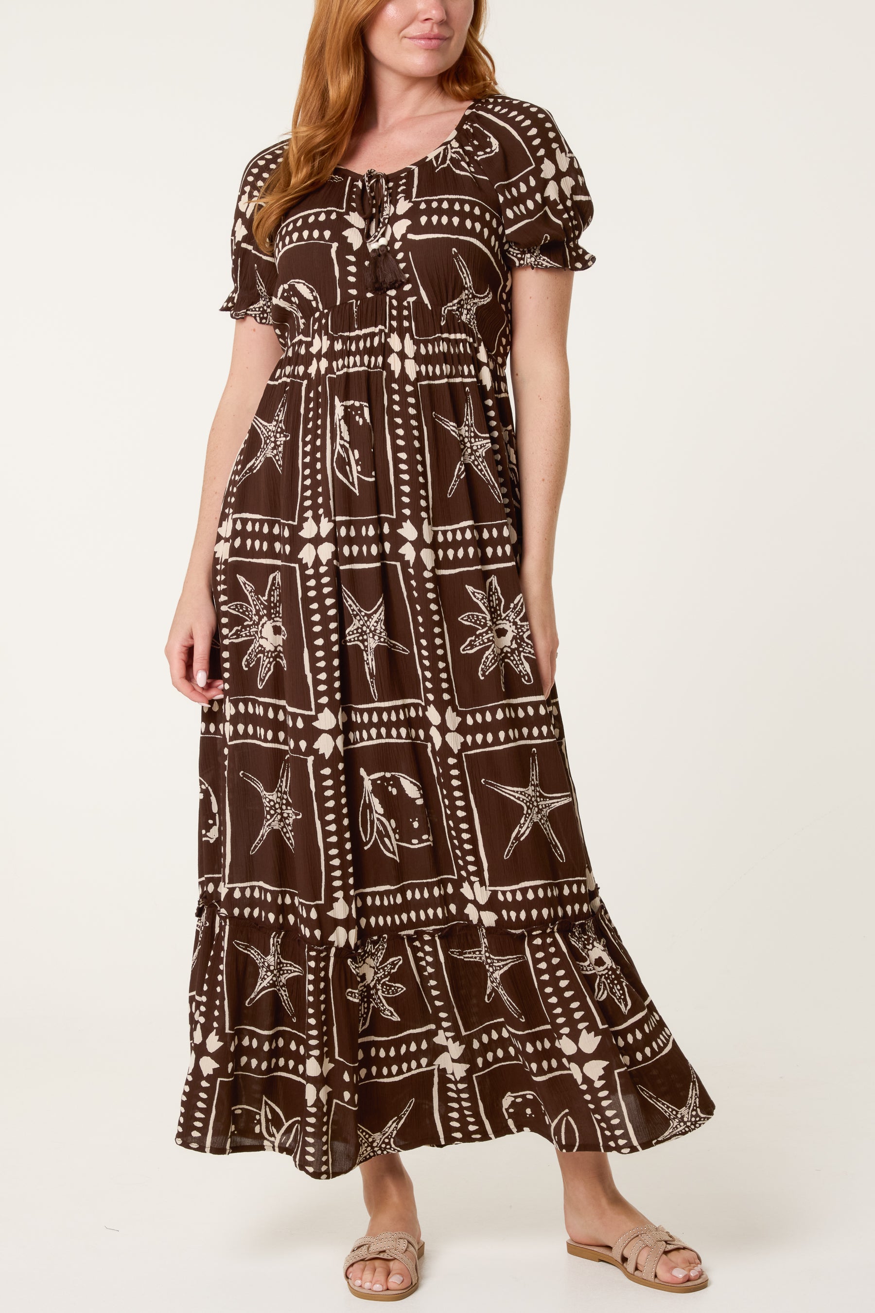 Starfish Print Tie Front Maxi Dress