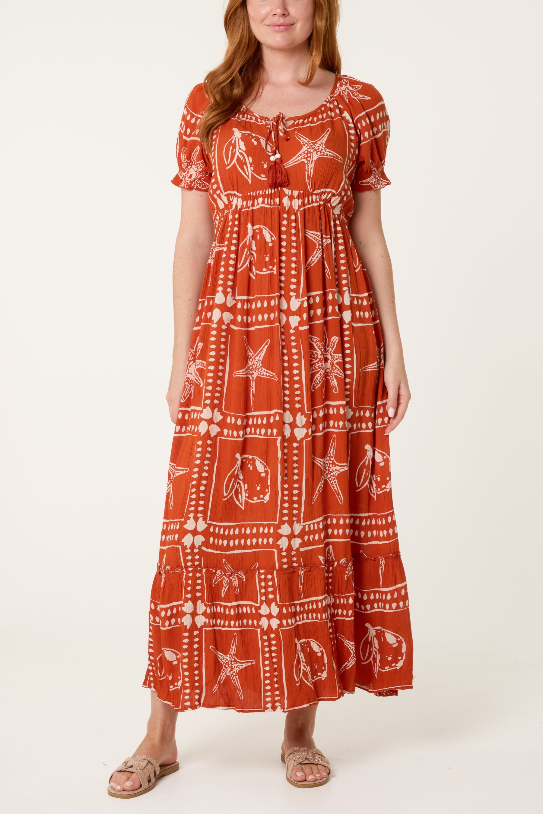 Starfish Print Tie Front Maxi Dress