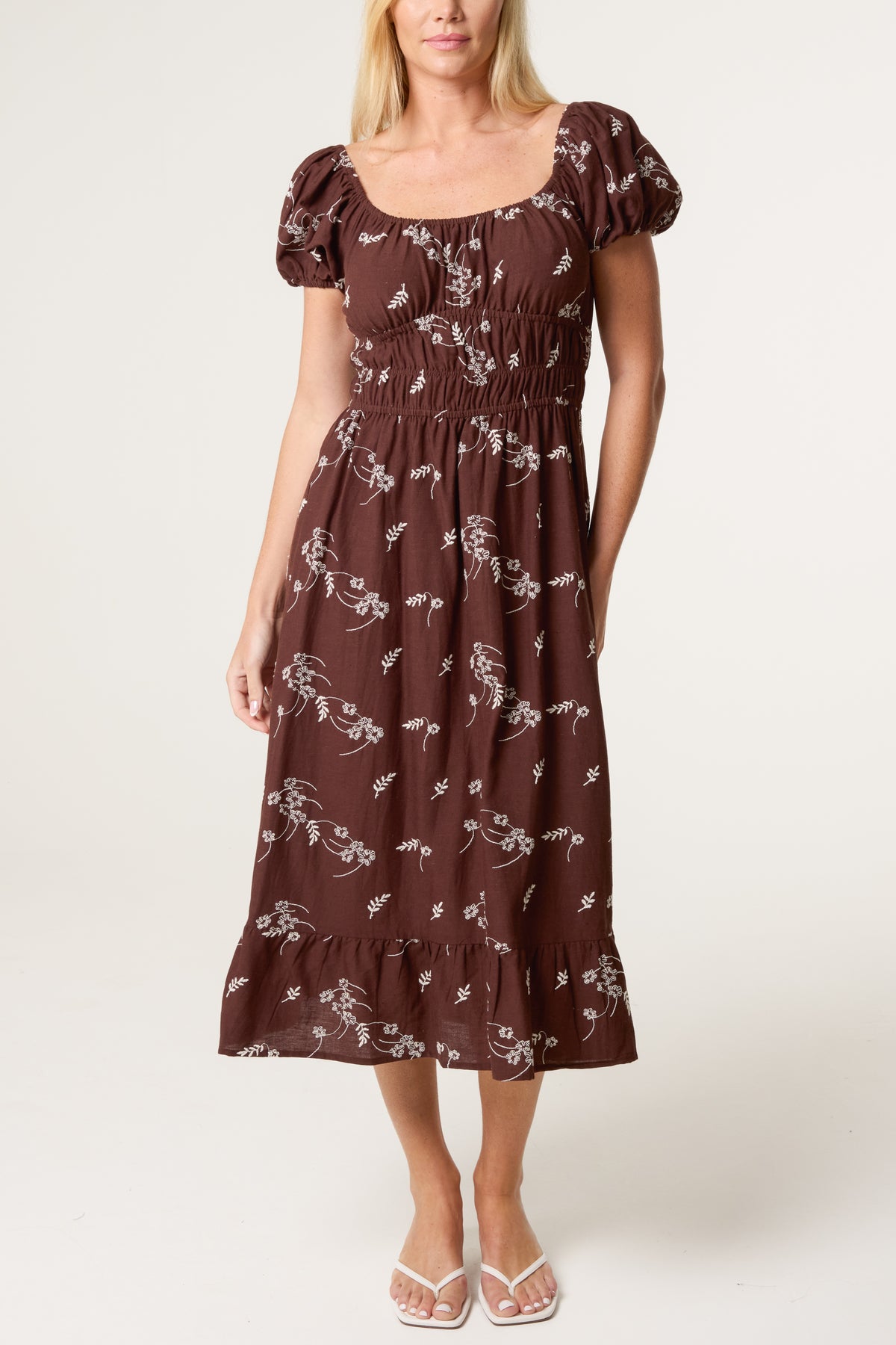 Leaf Embroidery Milkmaid Midi Dress