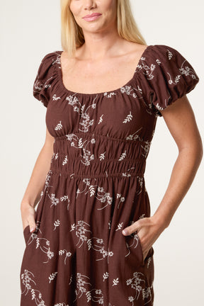 Leaf Embroidery Milkmaid Midi Dress