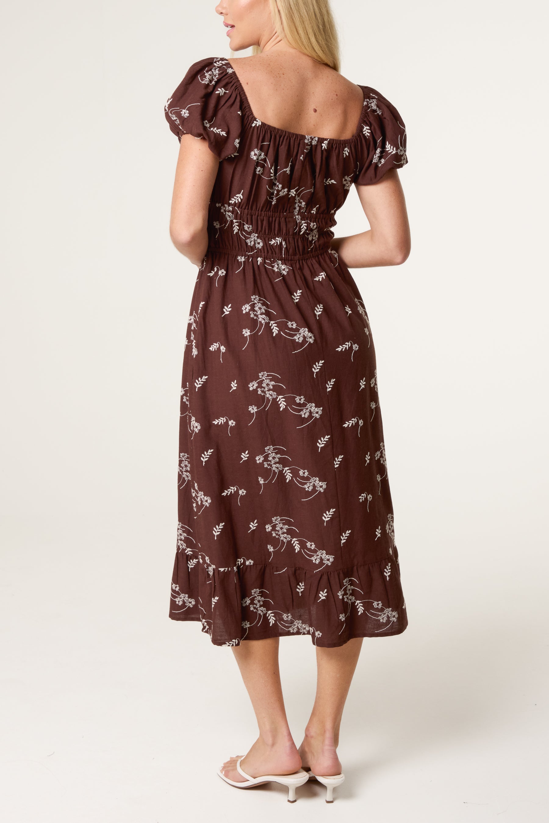 Leaf Embroidery Milkmaid Midi Dress