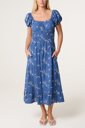 Leaf Embroidery Milkmaid Midi Dress