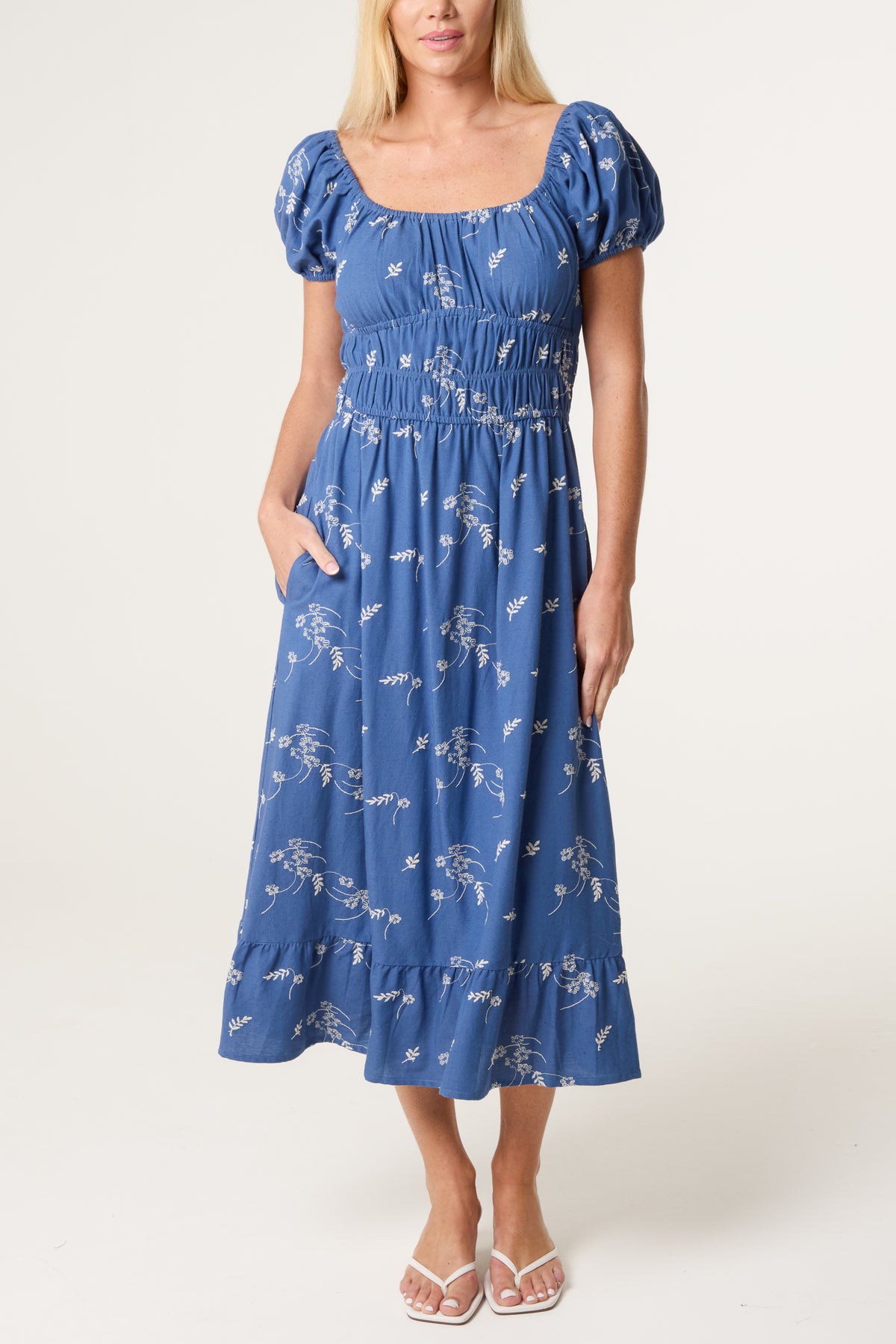Leaf Embroidery Milkmaid Midi Dress