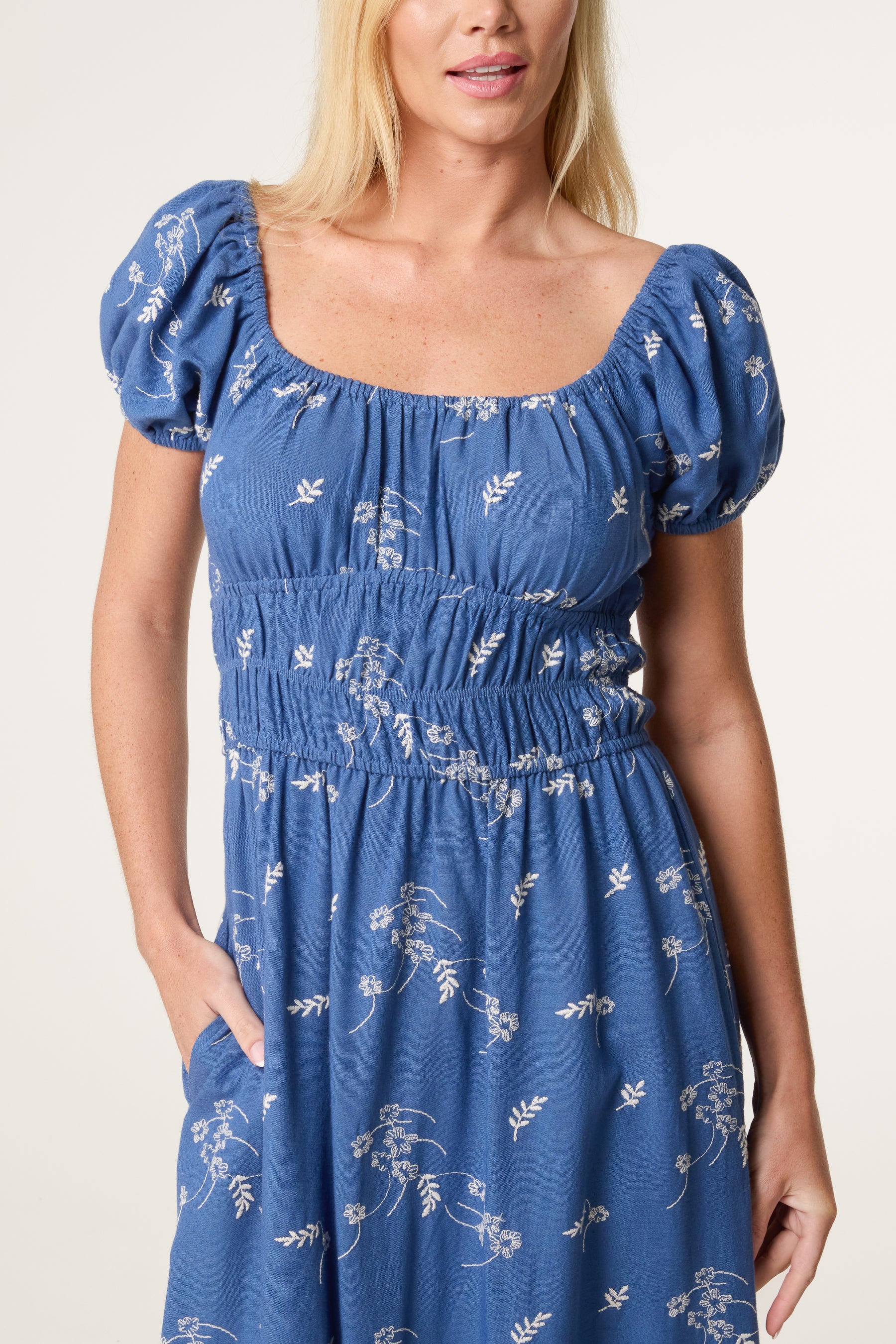 Leaf Embroidery Milkmaid Midi Dress