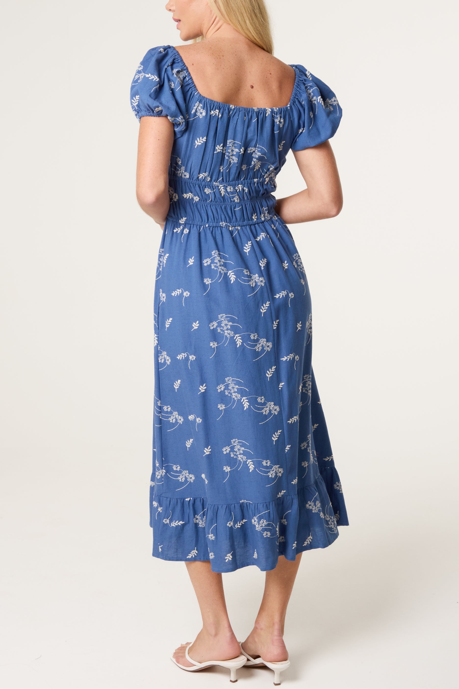 Leaf Embroidery Milkmaid Midi Dress