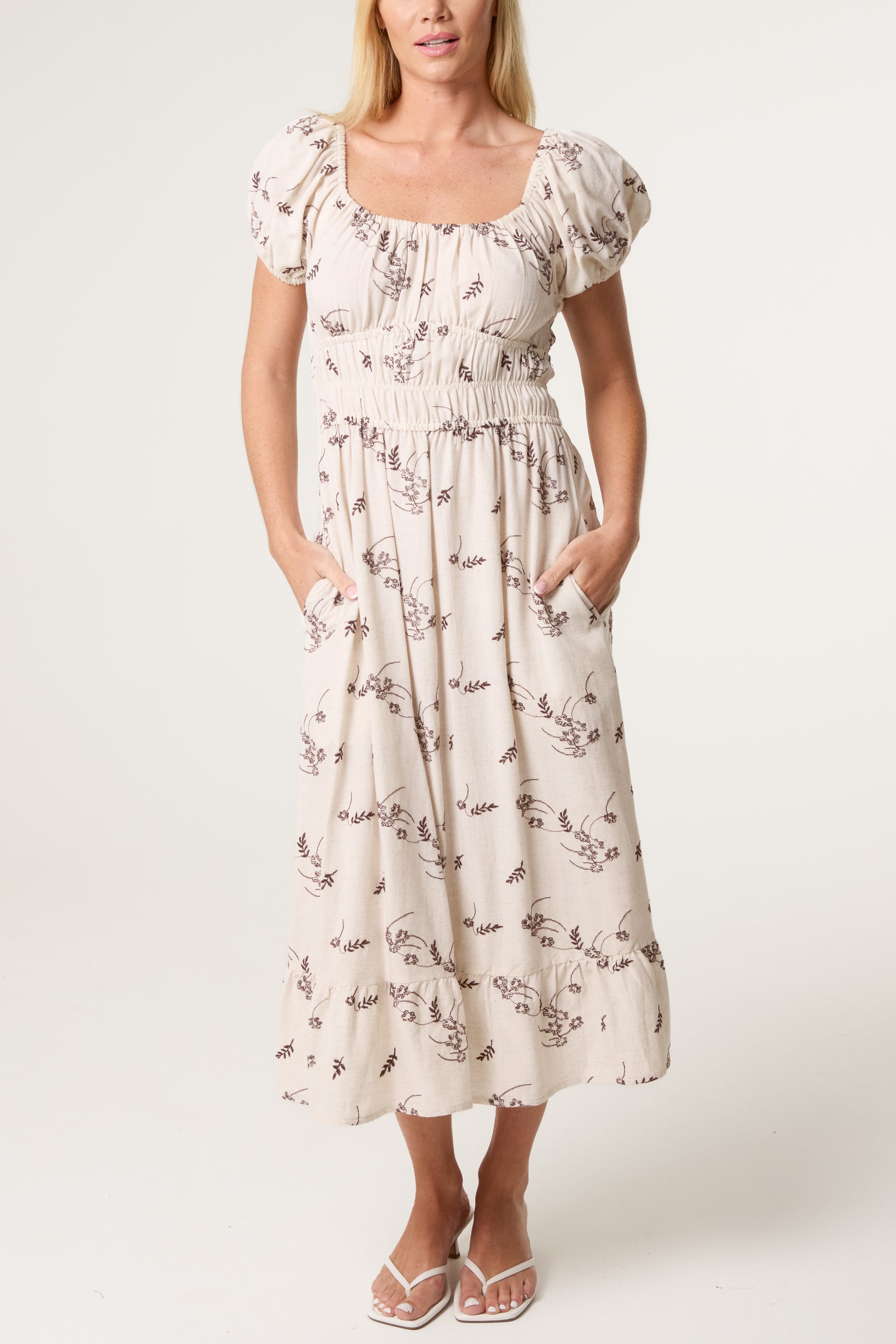 Leaf Embroidery Milkmaid Midi Dress
