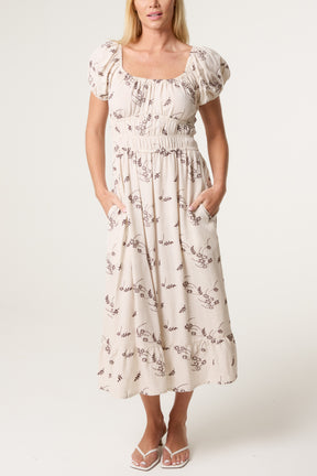 Leaf Embroidery Milkmaid Midi Dress