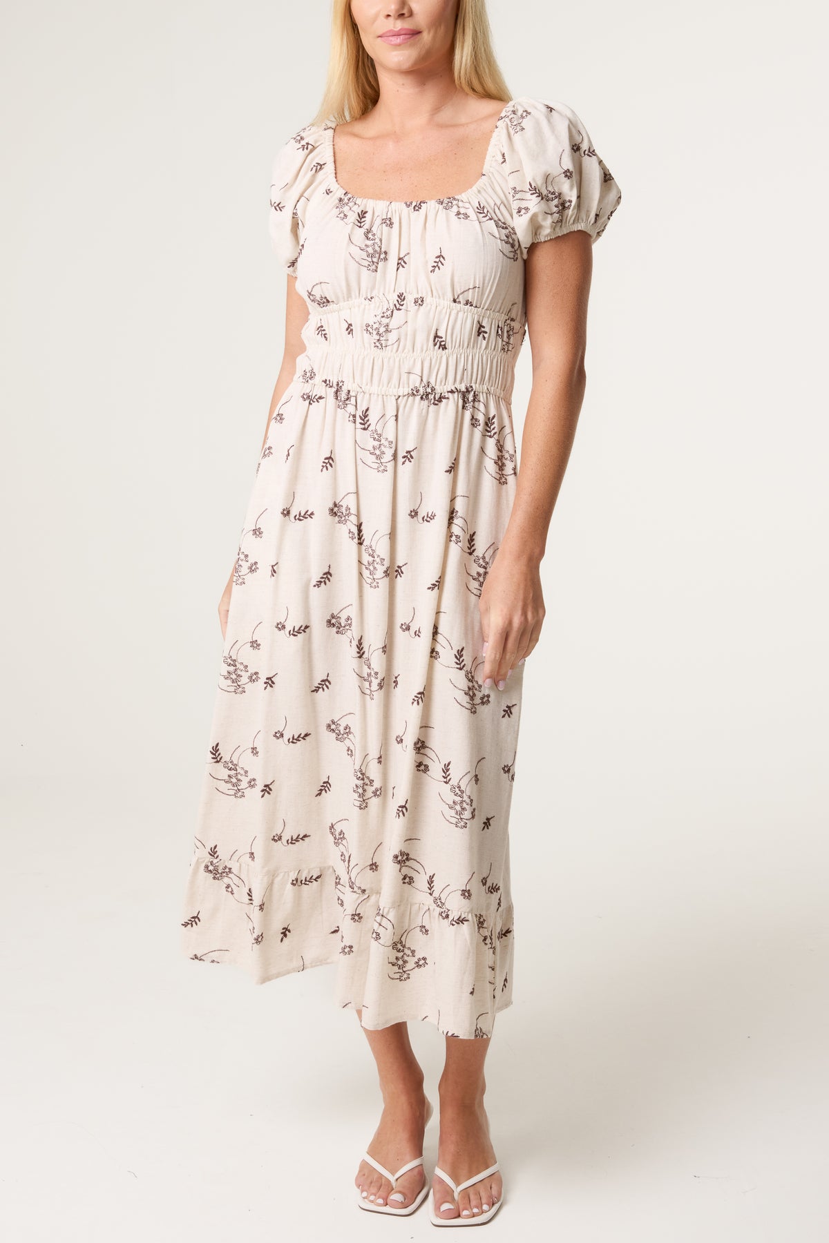 Leaf Embroidery Milkmaid Midi Dress