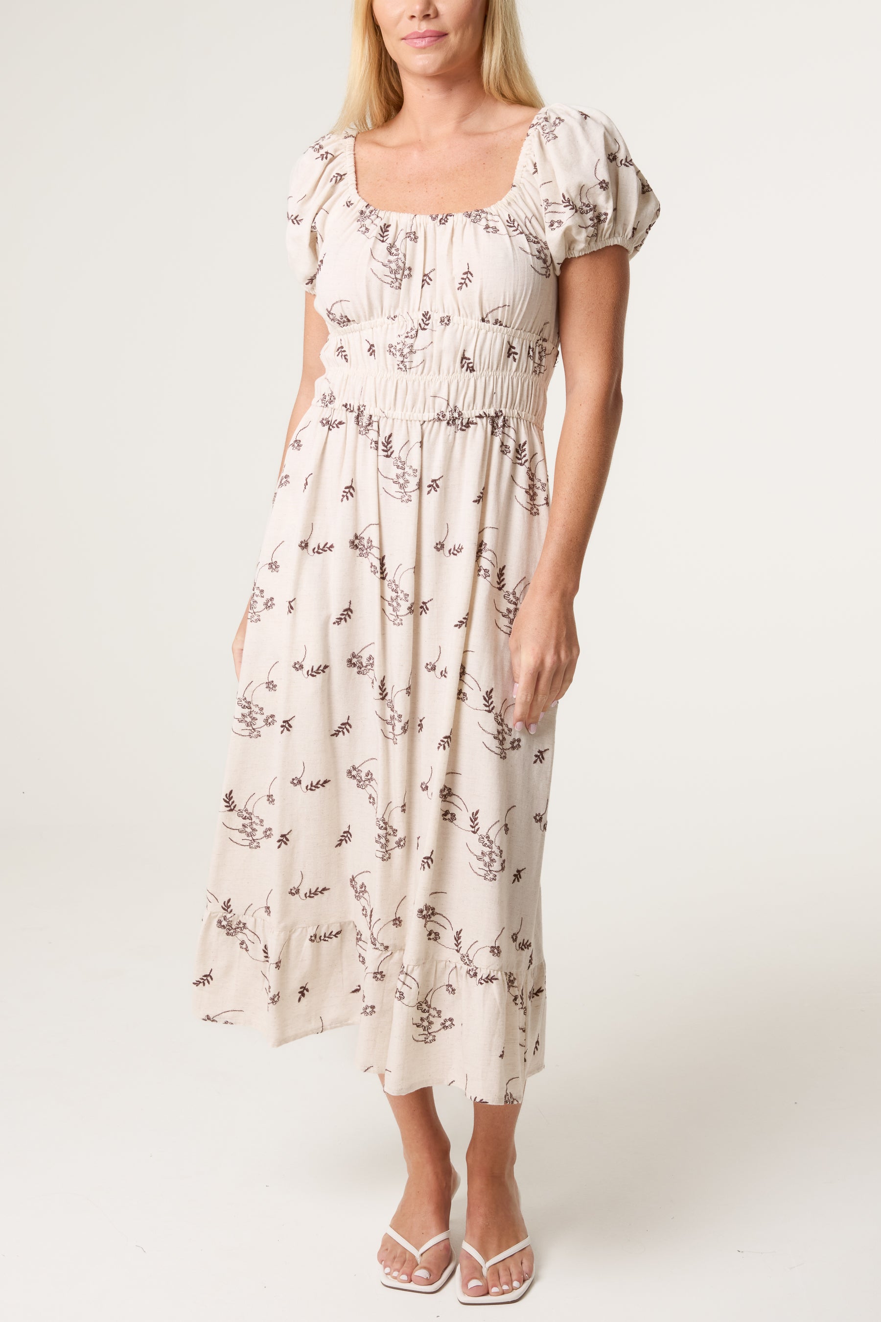Leaf Embroidery Milkmaid Midi Dress