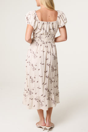 Leaf Embroidery Milkmaid Midi Dress