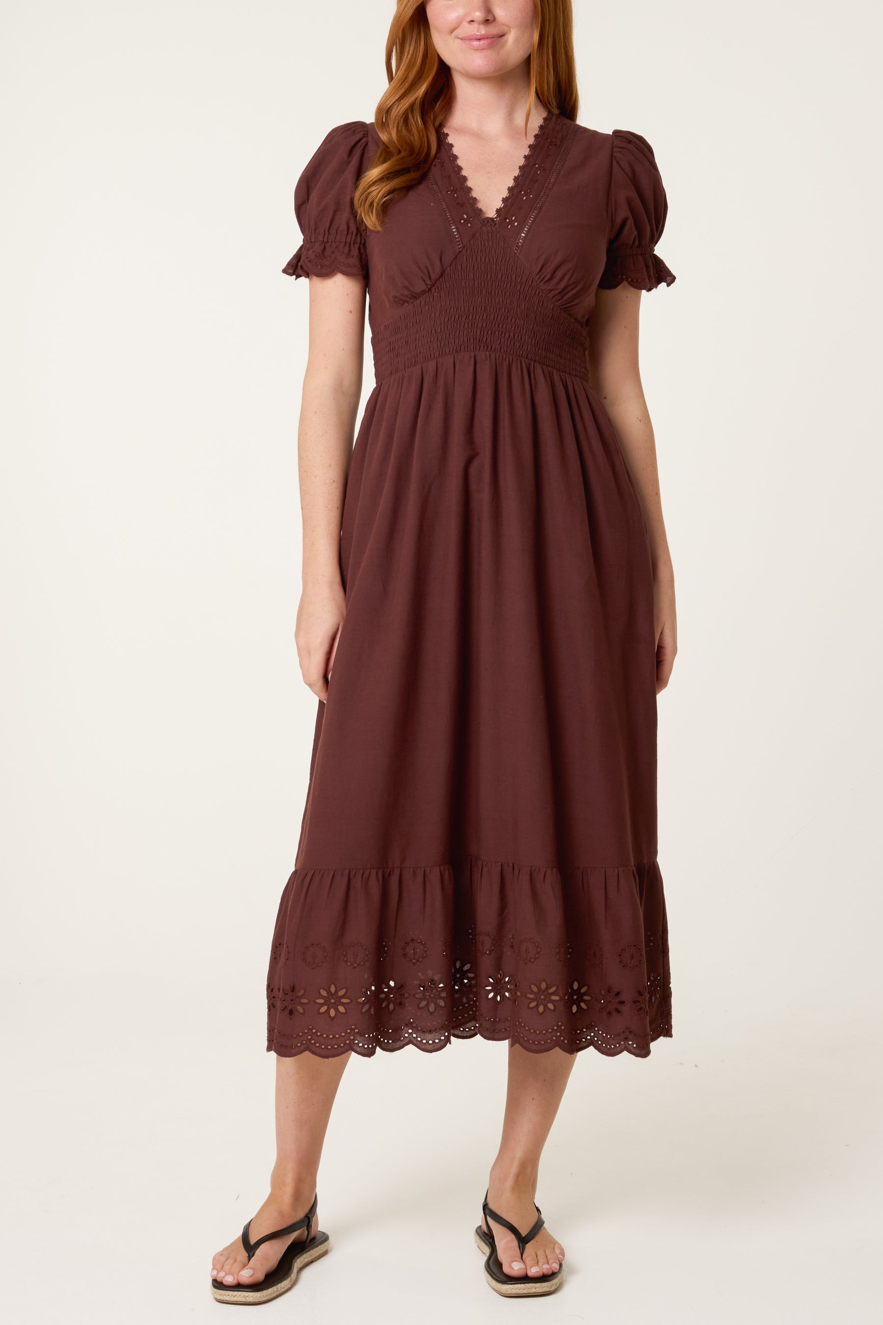 Broderie Anglaise Detail V-Neck Midi Dress