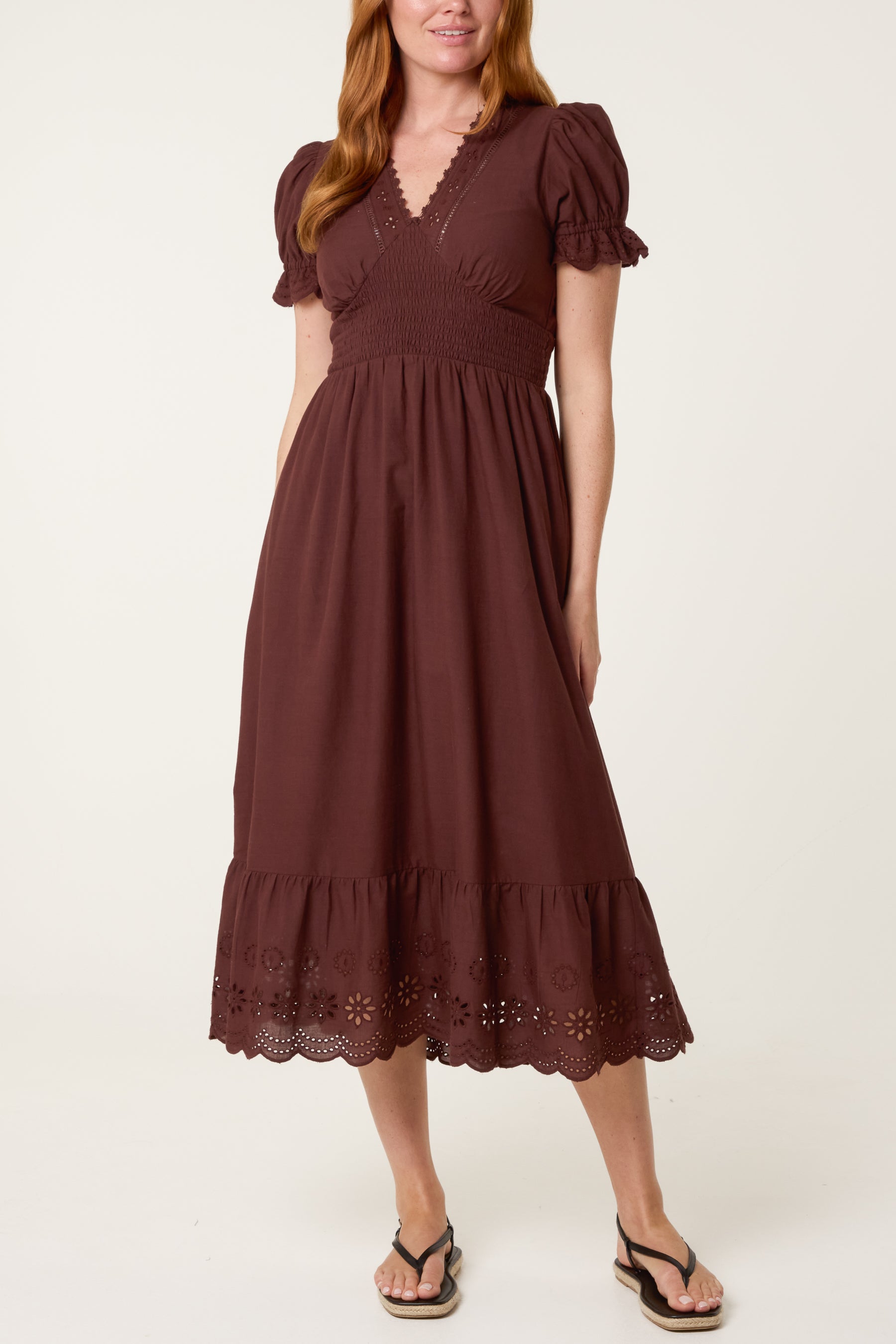Broderie Anglaise Detail V-Neck Midi Dress