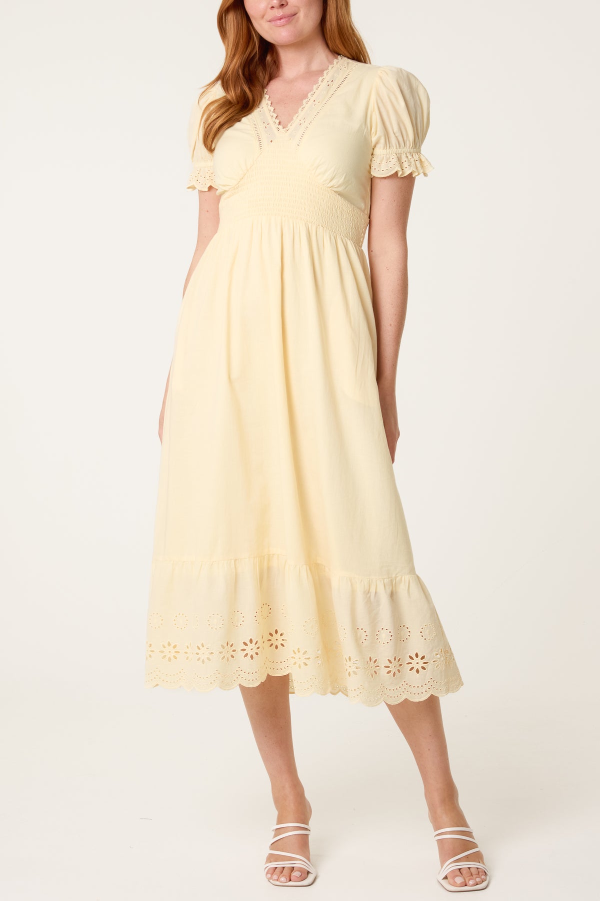 Broderie Anglaise Detail V-Neck Midi Dress
