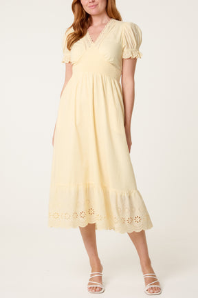Broderie Anglaise Detail V-Neck Midi Dress