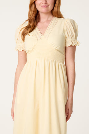 Broderie Anglaise Detail V-Neck Midi Dress